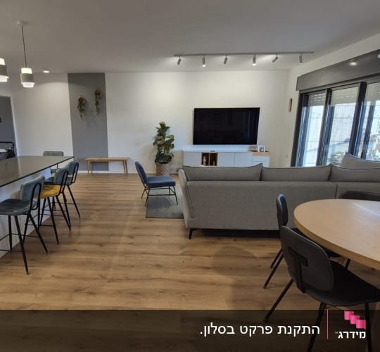 רצפת פרקט עץ בהירה בסלון מודרני ומרווח